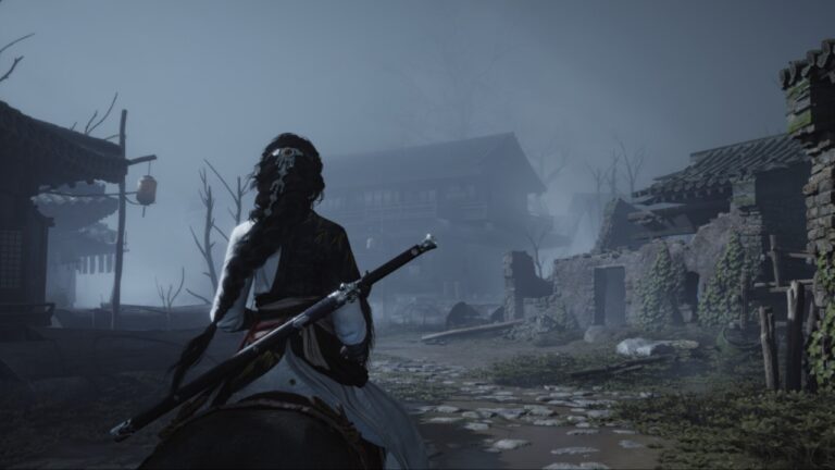 Feature image for our Which Sect Should You Join in Where Winds Meet guide showing the back of a character sitting on a horse.