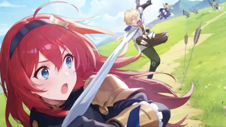 Feature image for our Best Characters In Dragon Traveler guide showing a girl with red hair and a boy behind her chasing after her.
