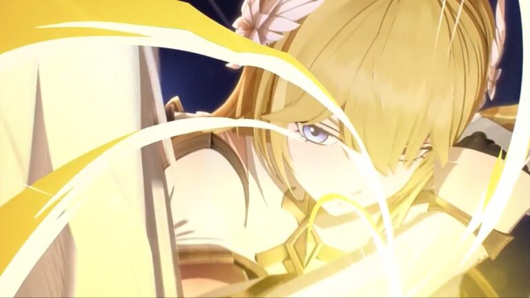 Feature image for our Best Team In Dragon Traveler guide showing a close up of a girl holding a weapon and covered in light.