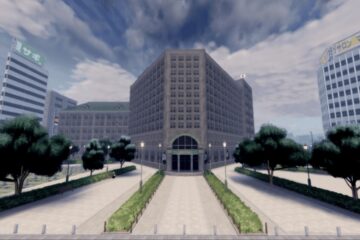 Feature image for our Devil Hunter Accessories Tier List showing multiple large city buildings.