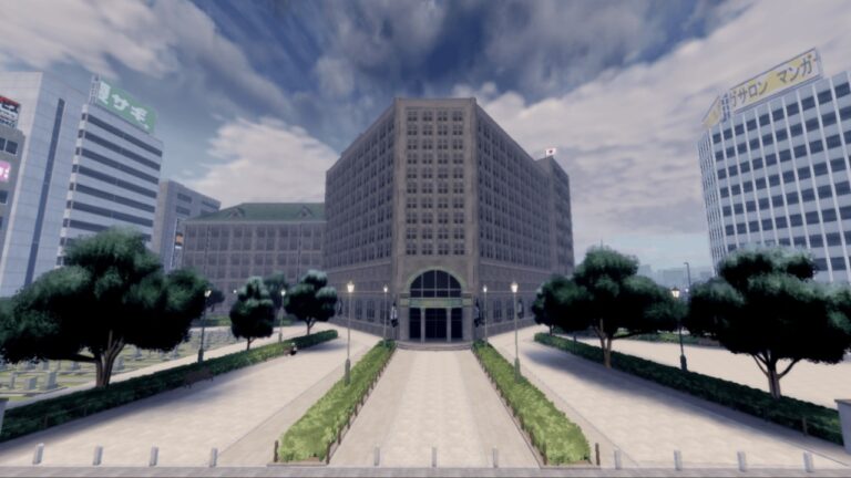 Feature image for our Devil Hunter Accessories Tier List showing multiple large city buildings.