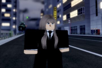 Feature image for our Devil Hunter Weapons Tier List showing a character standing in the street.