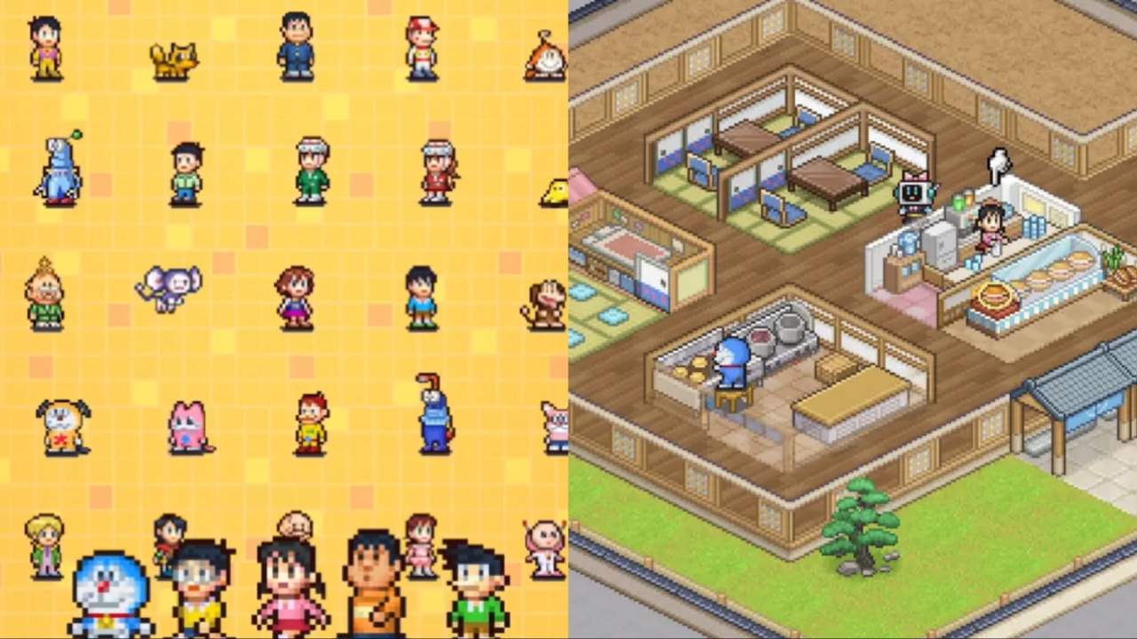 Image from Doraemon Dorayaki Shop Story showing pixel characters in a shop.