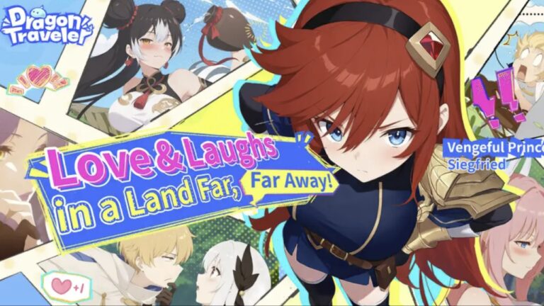 Feature image for our Dragon Traveler Characters guide showing different characters in a collage from snippets of the game and a girl standing in the middle looking up.