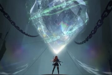 Feature image for our Dragon Traveler Dragon Tier List showing a girl looking up at a large crystal.