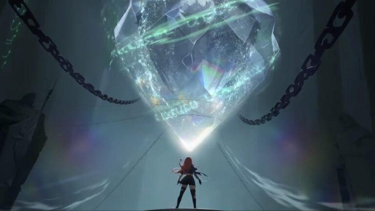 Feature image for our Dragon Traveler Dragon Tier List showing a girl looking up at a large crystal.