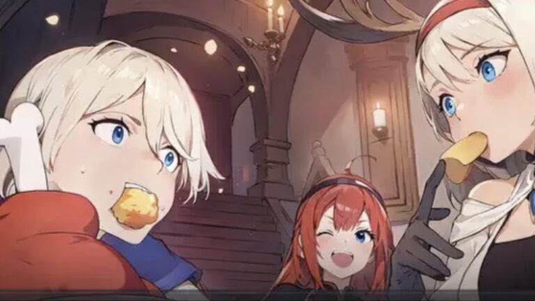 Feature image for our Dragon Traveler PvE Tier List showing characters eating with food in their mouth.