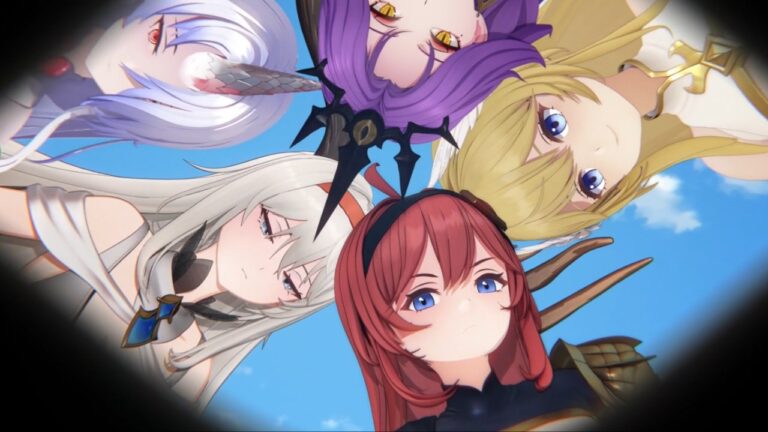 Feature image for our Dragon Traveler Reroll Guide showing five anime girls in a circle looking down.