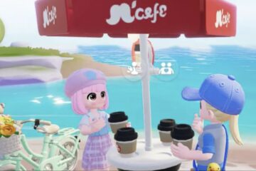 Feature image for our Heartopia Banner System guide showing two chibi characters getting coffee near the sea.