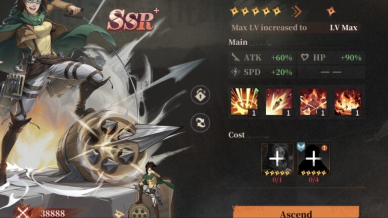 Feature image for our How To Ascend In Titan Regiment guide showing Hange and their stats.
