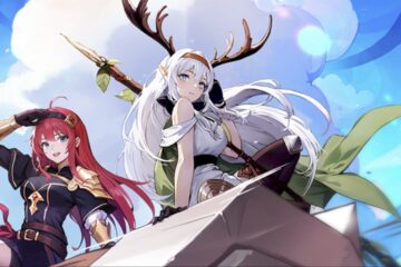 Feature image for our How To Level Up Heroes In Dragon Traveler guide showing two characters sitting on the roof of a house.