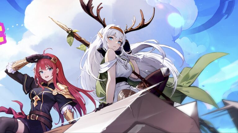 Feature image for our How To Level Up Heroes In Dragon Traveler guide showing two characters sitting on the roof of a house.