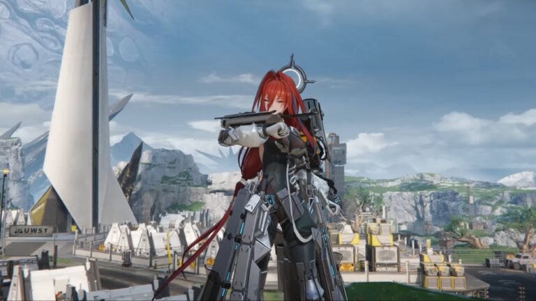 Feature image for our How to Get Oroberyl in Arknights Endfield guide showing an anime woman with long red hair covered in gear and armor with an industrial city in the background.