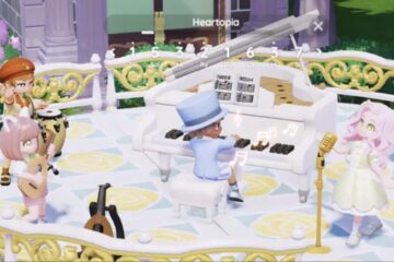 Feature image for our Is Heartopia Multiplayer guide showing different chibi characters playing instruments together.