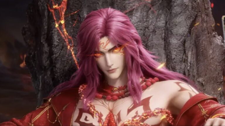 Feature image for our Renegade Immortal Tier List showing a man with long red hair and glowing eyes sitting down.