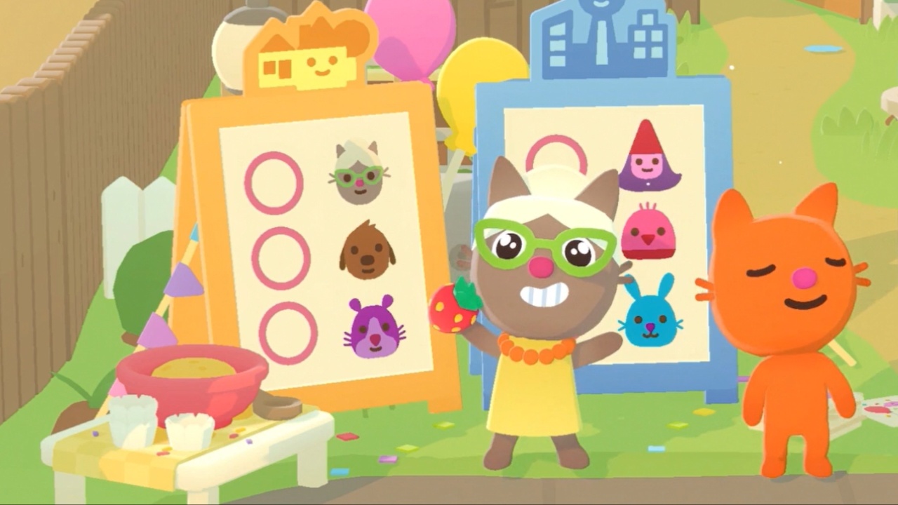 Image from Sago Mini Jinja's Garden showing two cute animals standing in front of a board.