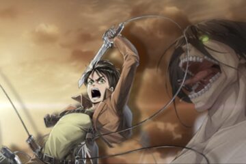 Feature image for our Titan Regiment Farming Methods guide showing Eren and a Titan behind him.