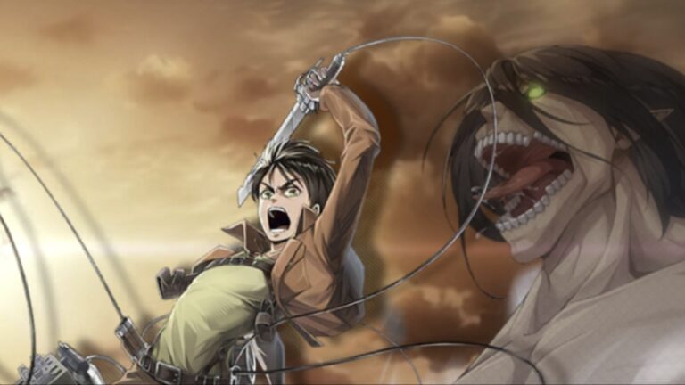 Feature image for our Titan Regiment Farming Methods guide showing Eren and a Titan behind him.