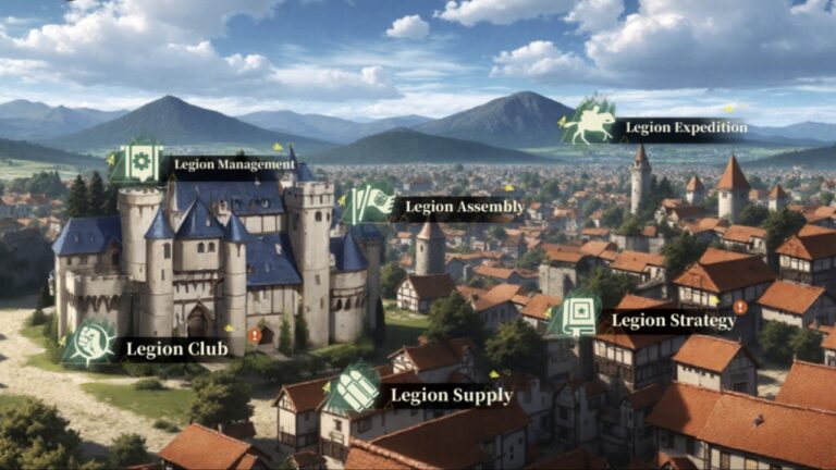 Feature image for our Titan Regiment Legion guide showing a town with different game modes you can select.