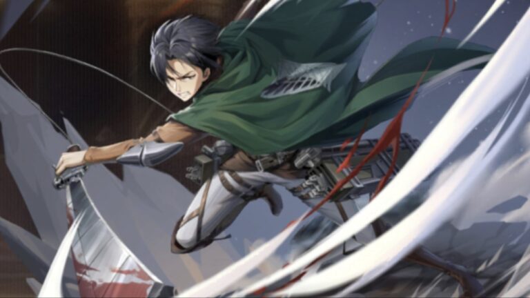 Feature image for our Titan Regiment Levi guide showing Levi Ackerman holding a sword.