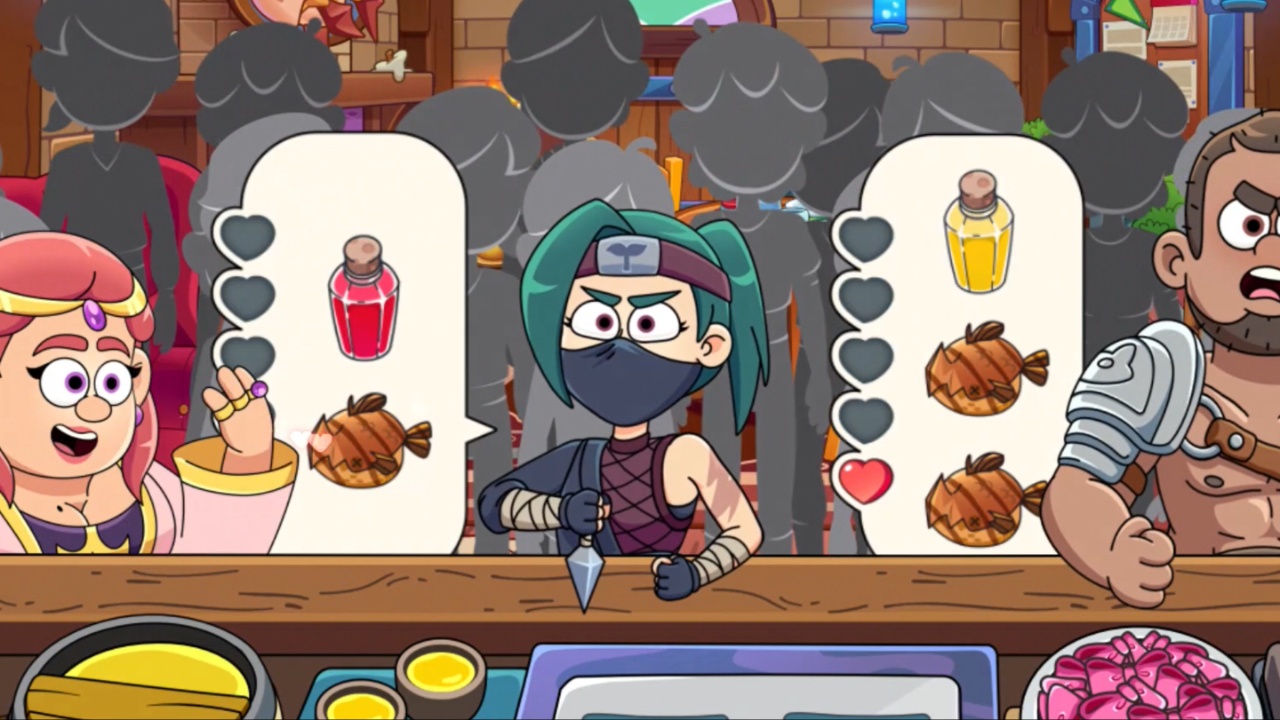 Image from ‎Potion Punch 2+ showing three NPCs ordering food at a bar.