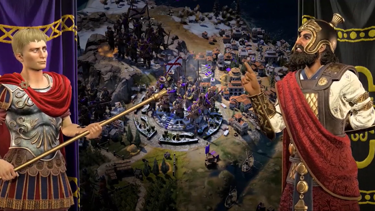 Image from ‎‎Sid Meier's Civilization VII showing two leaders looking at each other with a city in the background.