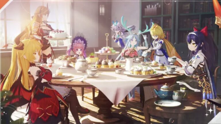 Feature image for our Abyssdia Reroll Guide showing characters sitting at a table.