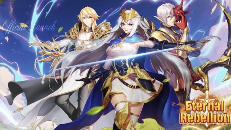 Feature image for our Eternal Rebellion Codes guide showing three characters dressed in gear posing.