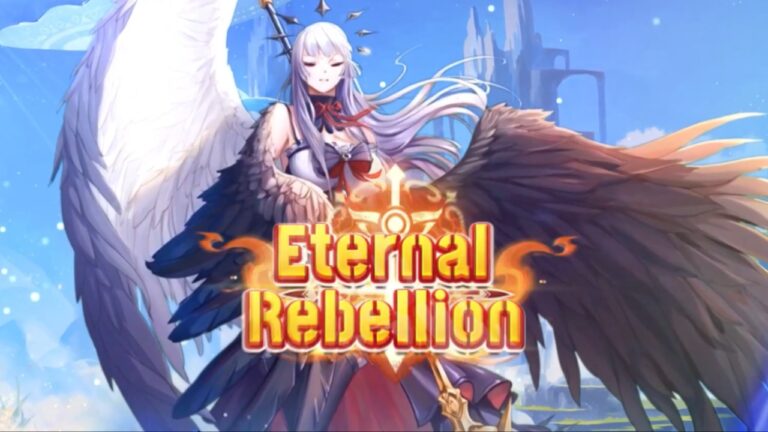 Feature image for our Eternal Rebellion Reroll Guide showing an anime woman with wings holding a weapon and 'Eternal Rebellion' written in the middle.