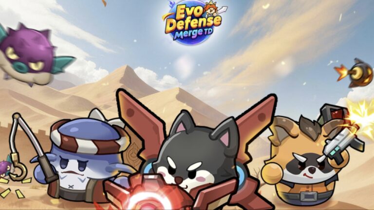 Feature image for our Evo Defense Merge TD Codes guide showing chibi creatures holding weapons with a desert in the background.