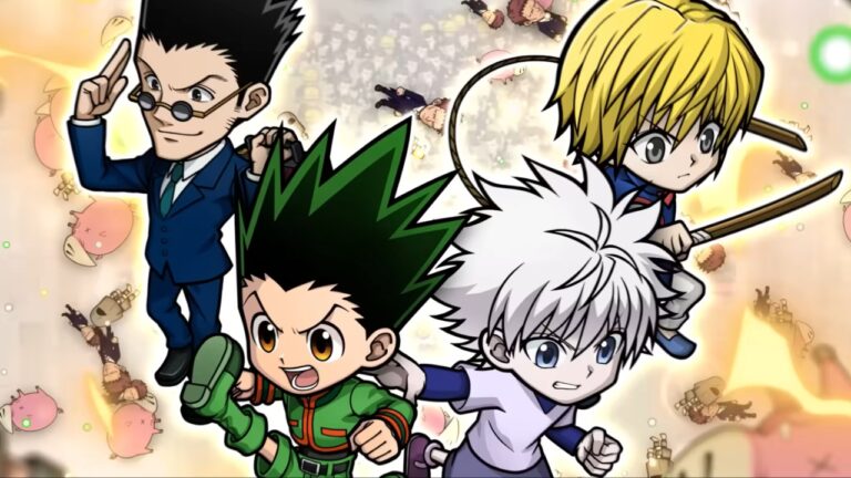 Feature image for our Hunter x Hunter Nen x Survivor Banners guide showing four chibi characters with a fight happening behind them.
