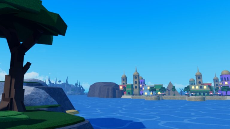 Feature image for our Rogue Piece Accessories Tier List showing the ocean and an island in the distance.