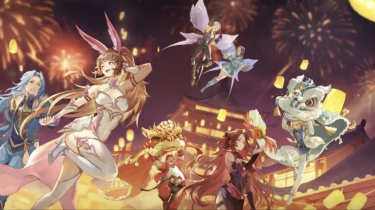 Feature image for our Soul Land Time Reversed Tier List showing characters posing and smiling with fireworks in the background.