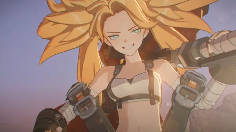 Feature image for our Star Sailors Reroll Guide showing a girl grinning and holding a weapon.
