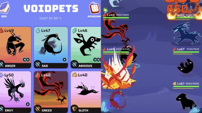 Feature image for our Voidpet Dungeon Tier List showing a list of pets and the pets in battle.